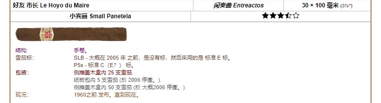 好友蒙特利 Hoyo de Monterrey 好友 市长 Le Hoyo du Maire 间奏曲 Entreactos 30 × 100 毫米 (3⅞″) 小宾丽 Small Panetela