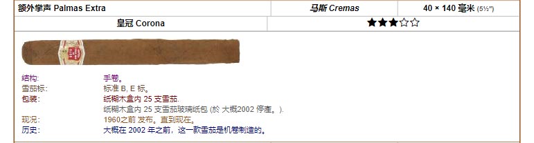 好友蒙特利 Hoyo de Monterrey 超级帕尔马斯 Palmas Extra Cremas 40 × 140 毫米 (5½″) 皇冠 Corona
