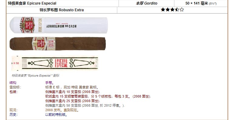 好友蒙特利 Hoyo de Monterrey 特级美食家 Epicure Especial 丰厚 Gordito 50 × 141 毫米 (5½″) 特长罗布图 Robusto Extra