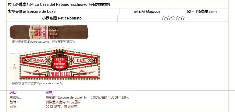 好友蒙特利 Hoyo de Monterrey 拉卡萨尊享系列 La Casa del Habano Exclusivo 拉卡萨尊享系列 奢华美食家 Epicure de Luxe 魔术师 Mágicos 52 × 115毫米 (4½″) 小罗布图 Petit Robusto