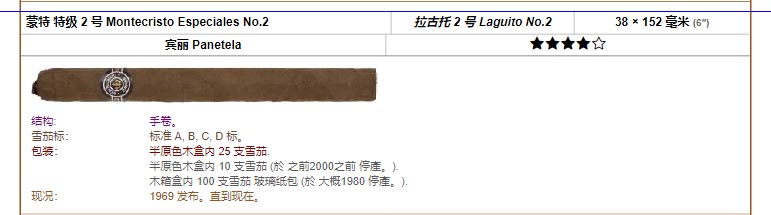 Montecristo 蒙特 蒙特 特级 2 号 Montecristo Especiales No.2 拉古托 2 号 Laguito No.2 38 × 152 毫米 (6″) 宾丽 Panetela