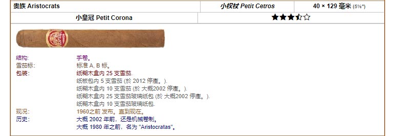 帕特加斯 Partagas 贵族 Aristocrats 小权杖 Petit Cetros 40 × 129 毫米 (5⅛″) 小皇冠 Petit Corona