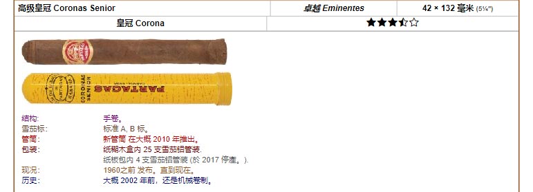 帕特加斯 Partagas 高级皇冠 Coronas Senior 卓越 Eminentes 42 × 132 毫米 (5¼″) 皇冠 Corona