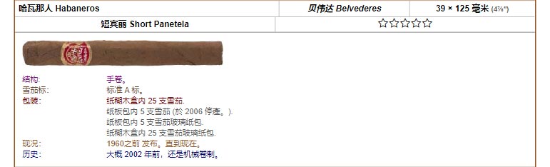 帕特加斯 Partagas 哈瓦那人 Habaneros 贝伟达 Belvederes 39 × 125 毫米 (4⅞″) 短宾丽 Short Panetela