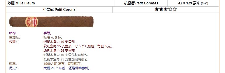 帕特加斯 Partagas 妙麗 Mille Fleurs 小皇冠 Petit Coronas 42 × 129 毫米 (5⅛″) 小皇冠 Petit Corona