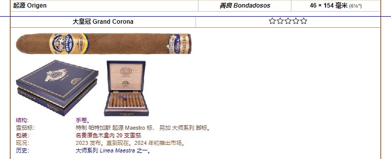 帕特加斯 Partagas 起源 Origen 善良 Bondadosos 46 × 154 毫米 (6⅛″) 大皇冠 Grand Corona